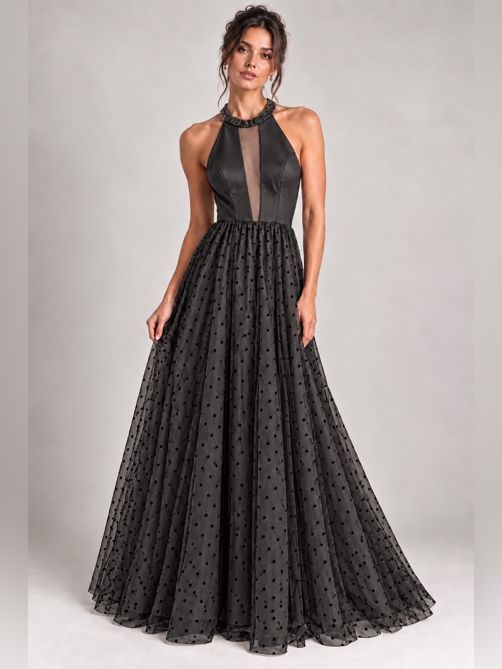 Envious Couture Prom Black Beaded Halter Polka Dot Tulle Ball Gown Formal Size 8